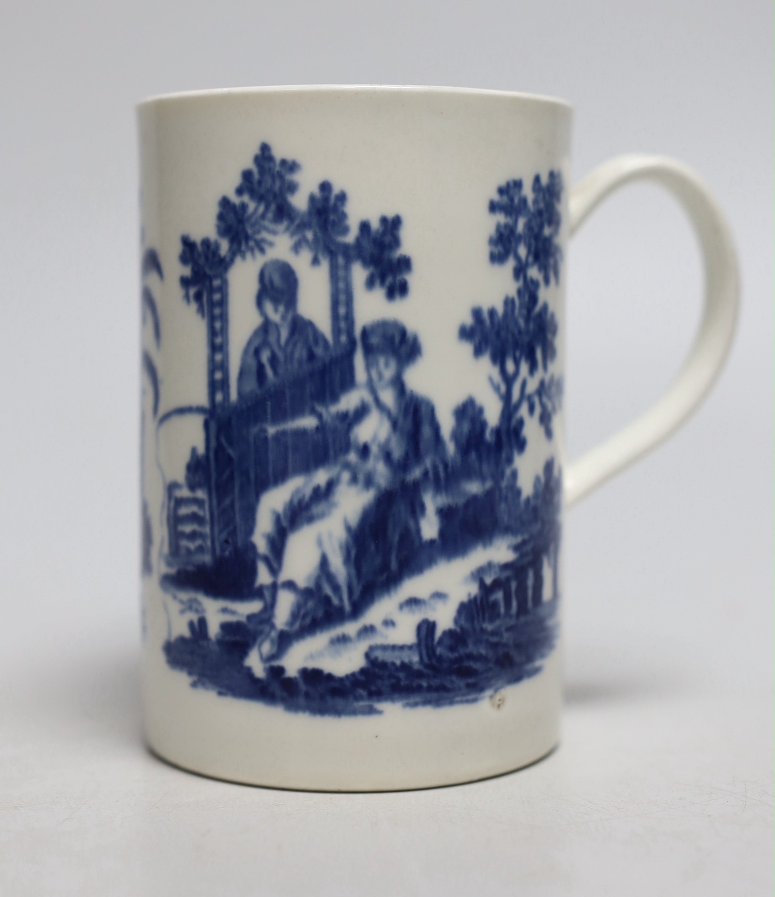 An 18th century Caughley uncommon mug Le Peche / Promenade, S mark to base
